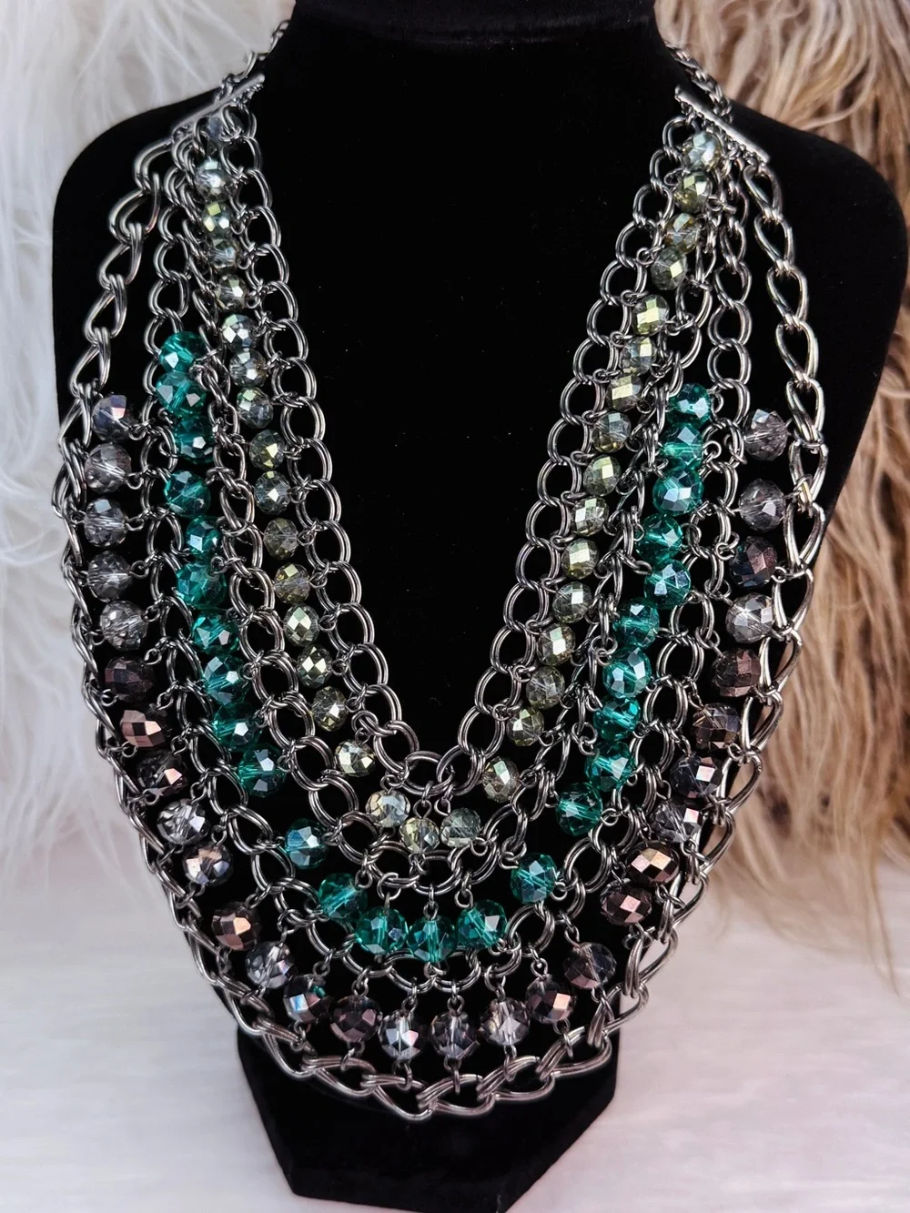 Multi Strand Dark Silver Tone Chain Teal Faceted Bead Bib Statement Necklace